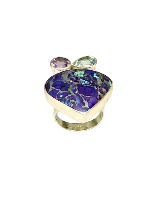 Purple Mojave Tourquoise Ring with Faceted Blue Topaz and Amethyst Stones Made with 925 Sterling Silver Allergy free Material in Us Size 8