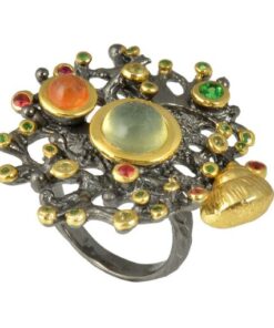 Designers Hand made Multi Genuine Gemstones Like Peridot Tsvolite Orange and Red Sapphires 18k Gold Oxidized Plating over 925 Sterling Silver Us Size 7 Nickel free and Allergy free