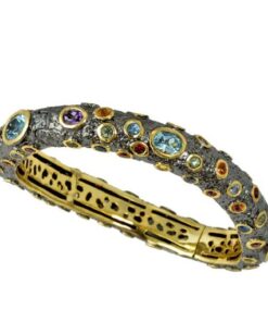 Bracelet with Fancy Sapphire with a latch open in the back, 18K Gold and Black rhodium plated over .925 Sterling Silver. Nickel-free, plaiting-free, allergic-free and skin-friendly. High-end quality multi gemstones like Blue topaz,