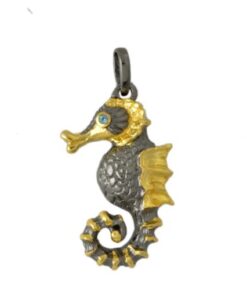 SeaHorse Pendant with white quartz and Tsavorite natural gemstones with 18K gold and Rhodium plating.