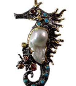 Seahorse pendant with sleeping beauty stones, enhanced with 18K and Rhodium finish pendant/Brooch.