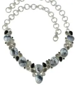 dendratic opal/agat necklace. 925 sterling silver allergy-free. Length: 20 inches.