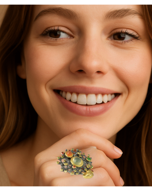 Multi gemstones bezel set 925 sterling silver ring with rhodium plated and 18k gold plating ring in size 7.