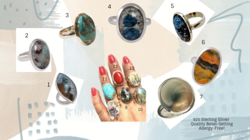 Assorted natural Gemstones Rings. 925 Sterling Silver - comfortable hidden adjustable band. Quality Bezel-Setting - Allergy Free.