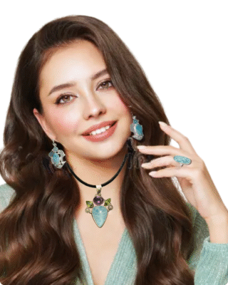 Model Wearing Larimar Stone Set in Pendant Ring and Earrings